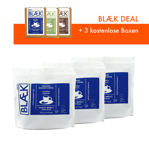 BLÆK Friday Deal - Instant Kaffee NØ.1 - 150g Bags + 3 x Boxen