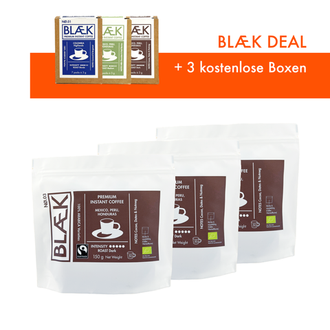 BLÆK Friday Deal - Instant Kaffee NØ.3 - 150g Bags + 3 x Boxen